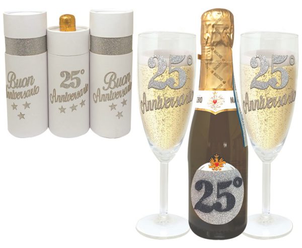 COPPIA FLUTE+PROSECCO DOC 25 cl BRILLANTINATO 25° ANNIVERSARIO SCATOLA BIANCA