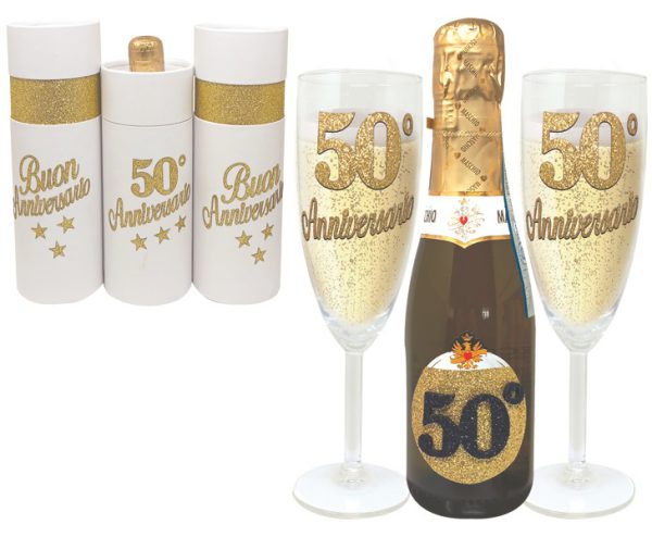 COPPIA FLUTE+PROSECCO DOC 25 cl BRILLANTINATO 50° ANNIVERSARIO SCATOLA BIANCA