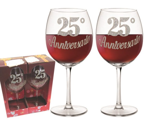 COPPIA CALICE BALLON H.20 cm BRILLANTINATO 25° ANNIVERSARIO SCATOLA PARTY