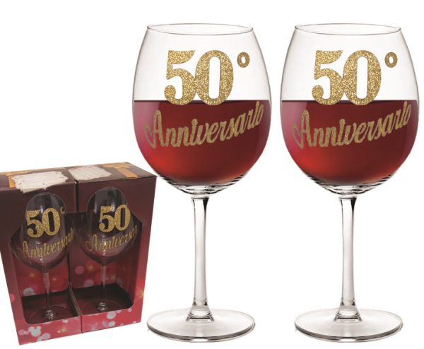 COPPIA CALICE BALLON H.20 cm BRILLANTINATO 50° ANNIVERSARIO SCATOLA PARTY