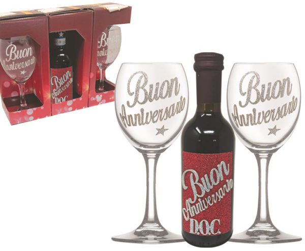 COPPIA CALICI + VINO DOC 25 cl BRILLANTINATO ANNIVERSARIO SCATOLA PARTY