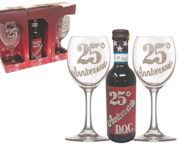 COPPIA CALICI + VINO DOC 25 cl BRILLANTINATO 25° ANNIVERSARIO SCATOLA PARTY