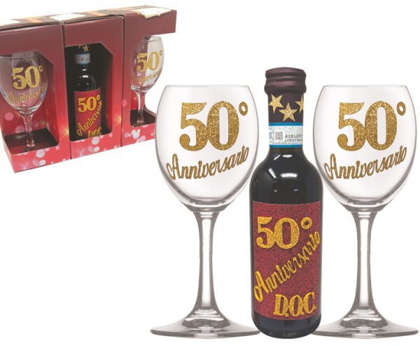 COPPIA CALICI + VINO DOC 25 cl BRILLANTINATO 50° ANNIVERSARIO SCATOLA PARTY