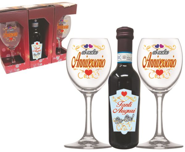 COPPIA CALICI+VINO DOC 25 cl ANNIVERSARIO SCATOLA PARTY