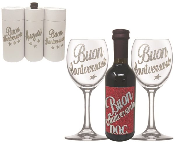 COPPIA CALICI + VINO DOC 25 cl BRILLANTINATO ANNIVERSARIO SCATOLA BIANCA