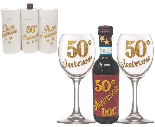 COPPIA CALICI + VINO DOC 25 cl BRILLANTINATO 50° ANNIVERSARIO SCATOLA BIANCA