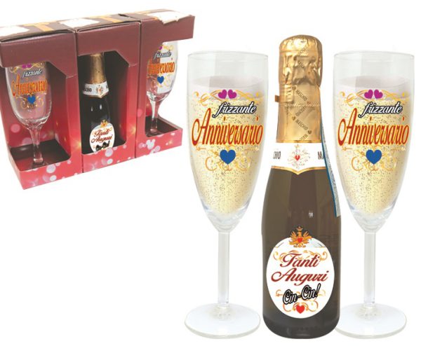 COPPIA FLUTE+PROSECCO DOC 25 cl ANNIVERSARIO SCATOLA PARTY