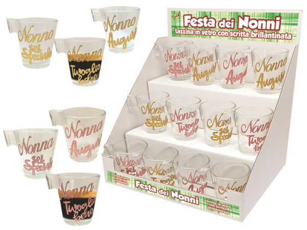 ESPOSITORE 12 TAZZINE DA CAFFE' NONNI CON SCRITTE BRILLANTINATE