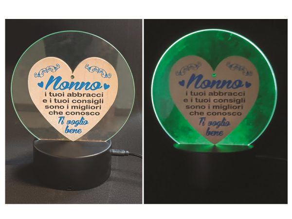 LAMPADA LED IN VETRO NONNO ø 14 cm CON CUORE IN LEGNO
