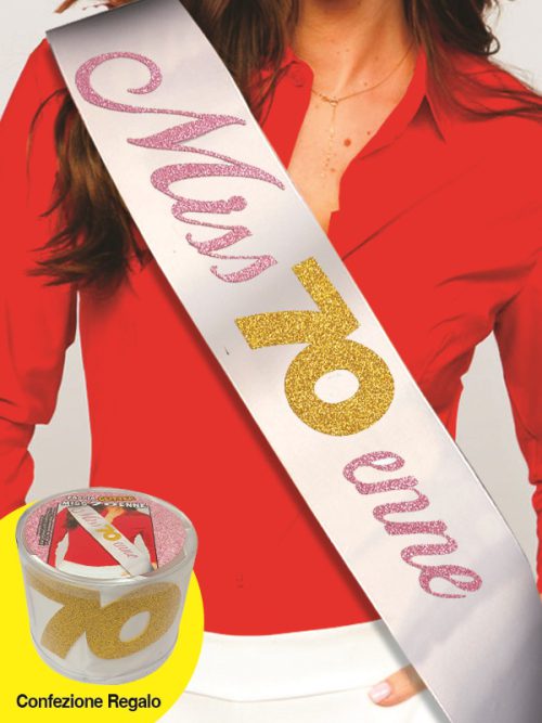 FASCIA CON SCRITTA GLITTER MISS 70ENNE IN CONFEZIONE REGALO