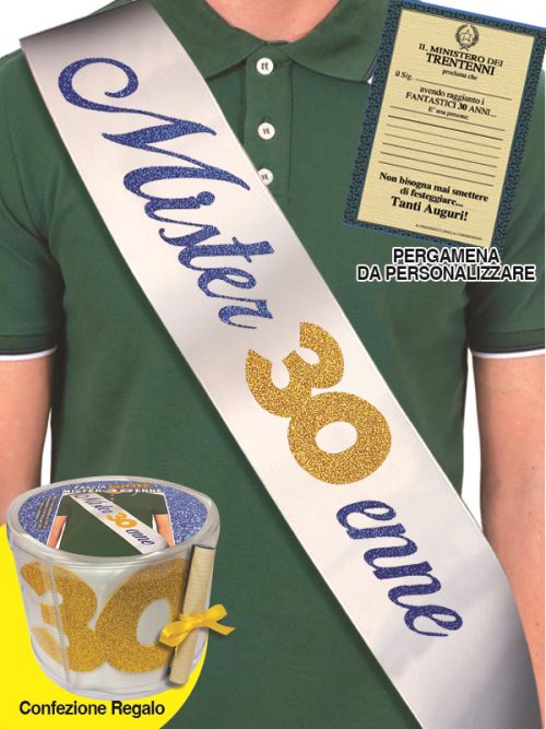 FASCIA GLITTER CON PERGAMENA MISTER 30ENNE IN CONFEZIONE REGALO