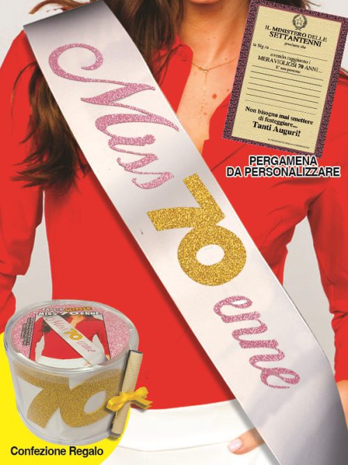FASCIA GLITTER CON PERGAMENA MISS 70ENNE IN CONFEZIONE REGALO