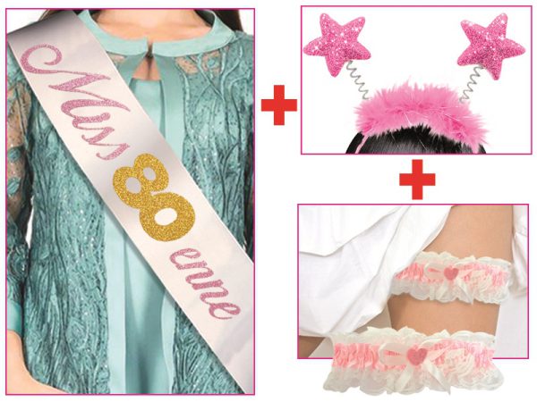 SET 80 ANNI CERCHIETTO STELLE + FASCIA SCRITTA GLITTER + GIARRETTIERA