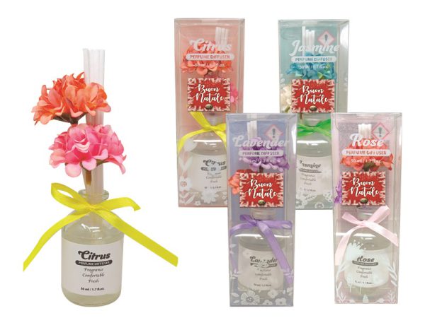 DIFFUSORE PROFUMO "BUON NATALE" ml 50 PER AMBIENTI CON FIORI IN TESSUTO - 4 FRAGRANZE: LIMONE, JASMINE, LAVANDA E ROSA. . . ORDINE MINIMO 4 PZ. ASSORTITI