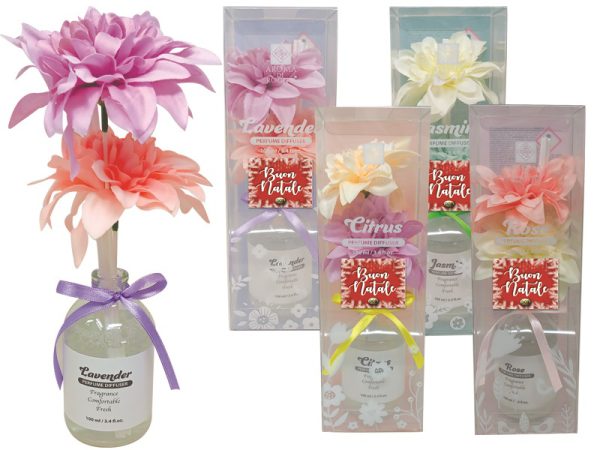 DIFFUSORE PROFUMO "BUON NATALE" ml 100 PER AMBIENTI CON FIORI IN TESSUTO - 4 FRAGRANZE: LIMONE, JASMINE, LAVANDA E ROSA. . . ORDINE MINIMO 4 PZ. ASSORTITI