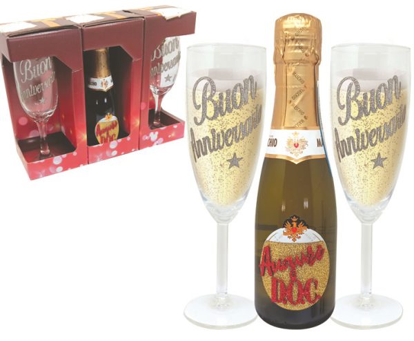 COPPIA FLUTE+PROSECCO DOC 20 cl BRILLANTINATO ANNIVERSARIO SCATOLA GIFT
