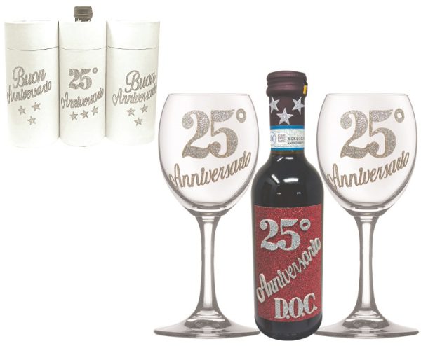 COPPIA CALICI + VINO DOC 25 cl BRILLANTINATO 25° ANNIVERSARIO SCATOLA DELUXE