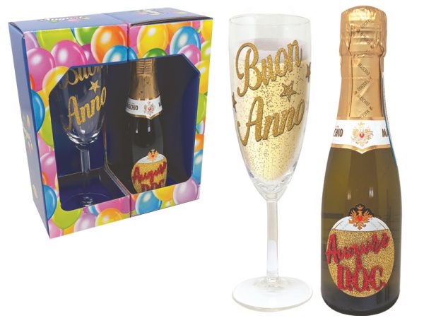 FLUTE+PROSECCO DOC 20 cl BRILLANTINATO BUON ANNO SCATOLA PARTY