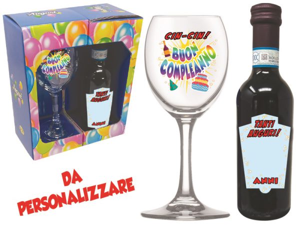 CALICE + VINO DOC 25 cl BUON COMPLEANNO SCATOLA PARTY - DA PERSONALIZZARE
