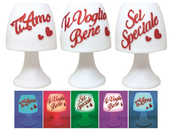 TABLE LAMP LED AMORE H.19 cm CON APPLICAZIONI GLITTER. . . (RIF. ESPOSITORE COD.7350). . . ORDINE MINIMO 3 PZ. ASSORTITI