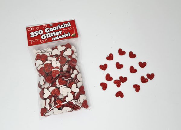 CONF.350 CUORICINI GLITTER ADESIVI ø 1,3 cm IN GOMMA "CREPLA". . . ORDINE MINIMO 3 CONFEZIONI