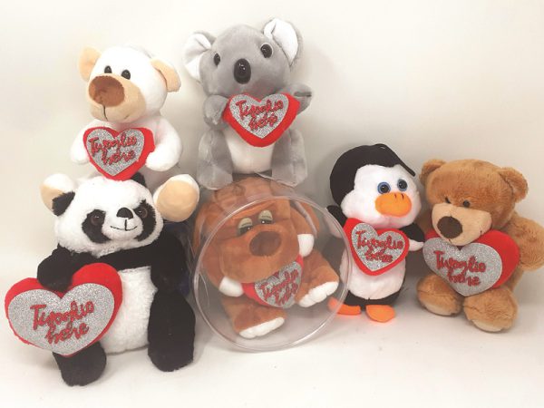 PELUCHE cm 15 CON CUORE IN PELUCHE E GLITTER. . . ORDINE MINIMO 6 PZ. ASSORTITI