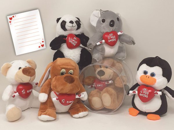 PELUCHE cm 15 CON CUORE IN RESINA ø 5 cm E PERGAMENA. . . ORDINE MINIMO 6 PZ. ASSORTITI