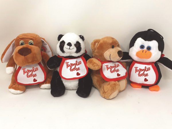 PELUCHE cm 15 CON BAVAGLINO E GLITTER. . . ORDINE MINIMO 8 PZ. ASSORTITI