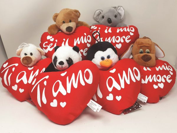 PELUCHE cm 15 CON CUORE ESPANDEX ø 20 cm. . . ORDINE MINIMO 6 PZ. ASSORTITI