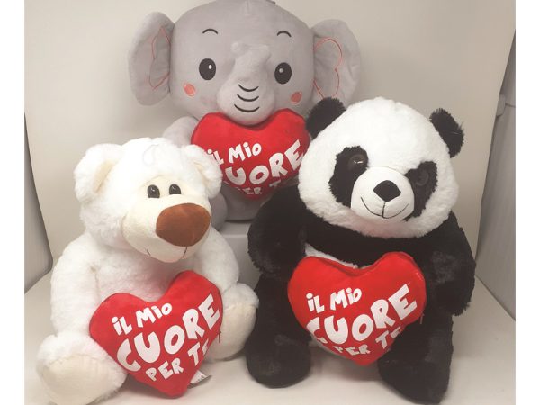 PELUCHE cm 30 CON CUORE PORTAREGALO. . . ORDINE MINIMO 3 PZ. ASSORTITI