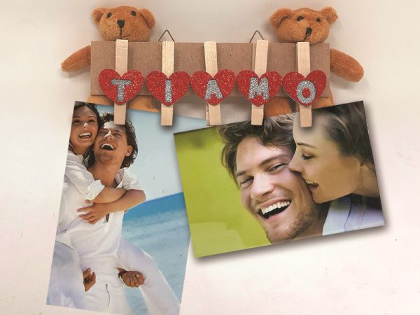 PORTAFOTO CON MOLLETTE IN LEGNO E GLITTER cm 21x7,5 E 2 ORSETTI cm 11