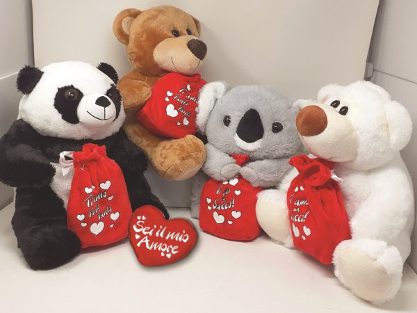 PELUCHE cm 30/35 E SACCO REGALO CON CUORE ø 15 cm. . . ORDINE MINIMO 4 PZ. ASSORTITI