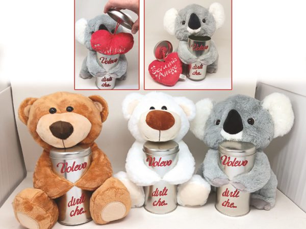 PELUCHE cm 30 CON SCATOLA IN METALLO, GLITTER E CUORE IN PELUCHE. . . ORDINE MINIMO 3 PZ.