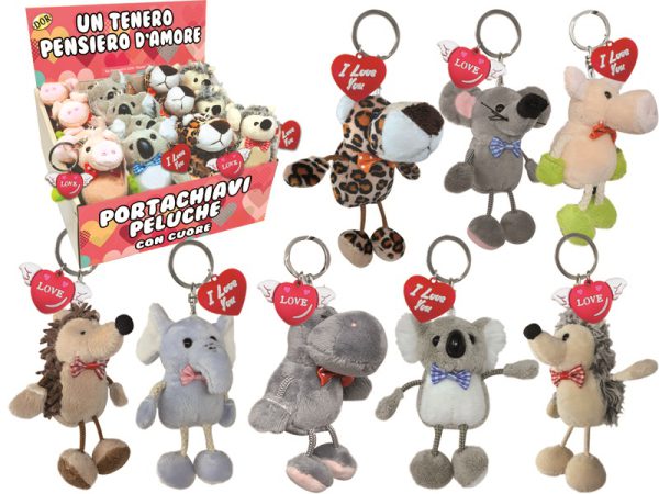 ESPOSITORE 24 PORTACHIAVI PELUCHE ANIMALI H.9 cm CON CUORE IN GOMMA
