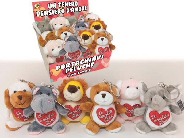 ESPOSITORE 24 PORTACHIAVI PELUCHE ANIMALI H.9 cm CON CUORE GLITTER "TI VOGLIO BENE"