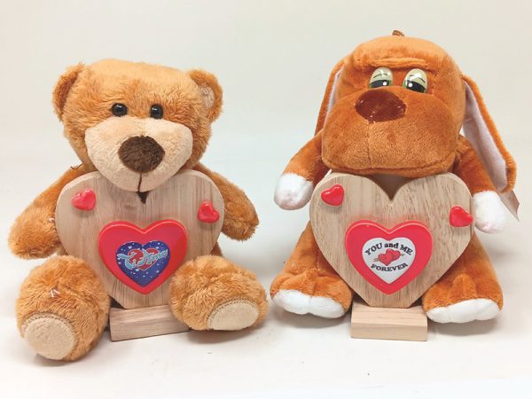 ORSACCHIOTTO E CAGNOLINO cm 15 CON CUORE IN LEGNO, CERAMICA E RESINATO ø 8 cm. . . ORDINE MINIMO 2 PZ. ASSORTITI