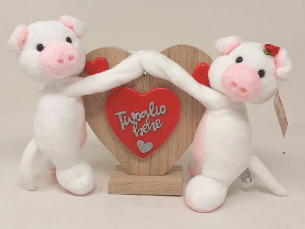 COPPIA MAIALINI cm 15 CON CUORE IN LEGNO E GLITTER ø 8 cm