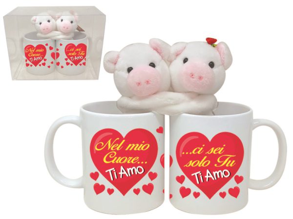 COPPIA TAZZE MUG CON COPPIA MAIALINI cm 15