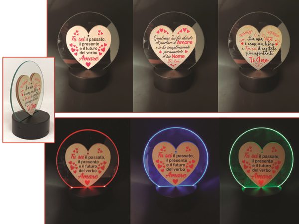 LAMPADA LED IN VETRO ø 14 cm CON CUORE IN LEGNO SU ENTRAMBI I LATI. . . ORDINE MINIMO 3 PZ. ASSORTITI