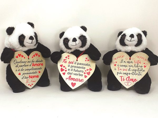PANDA cm 15 CON CUORE IN LEGNO. . . ORDINE MINIMO 3 PZ. ASSORTITI