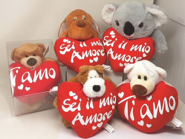 PELUCHE cm 20/25 CON CUORE ESPANDEX. . . ORDINE MINIMO 5 PZ. ASSORTITI
