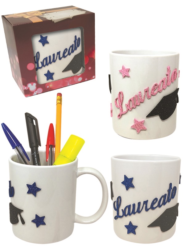 PORTAPENNE TAZZA LAUREA CON APPLICAZIONI GLITTER. . . ORDINE MINIMO 2 PZ. ASSORTITI