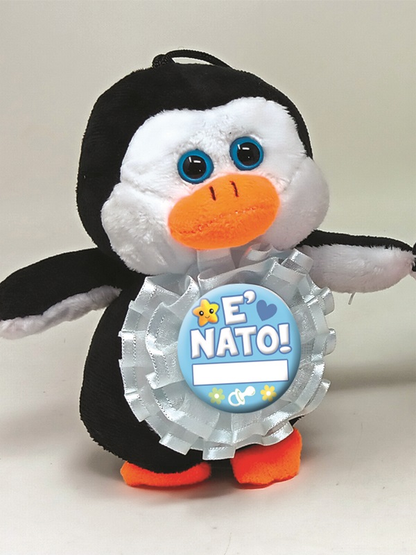 PINGUINO 15 cm CON COCCARDINA AZZURRO IN PIZZO E TULLE PERSONALIZZABILE ø 8 cm