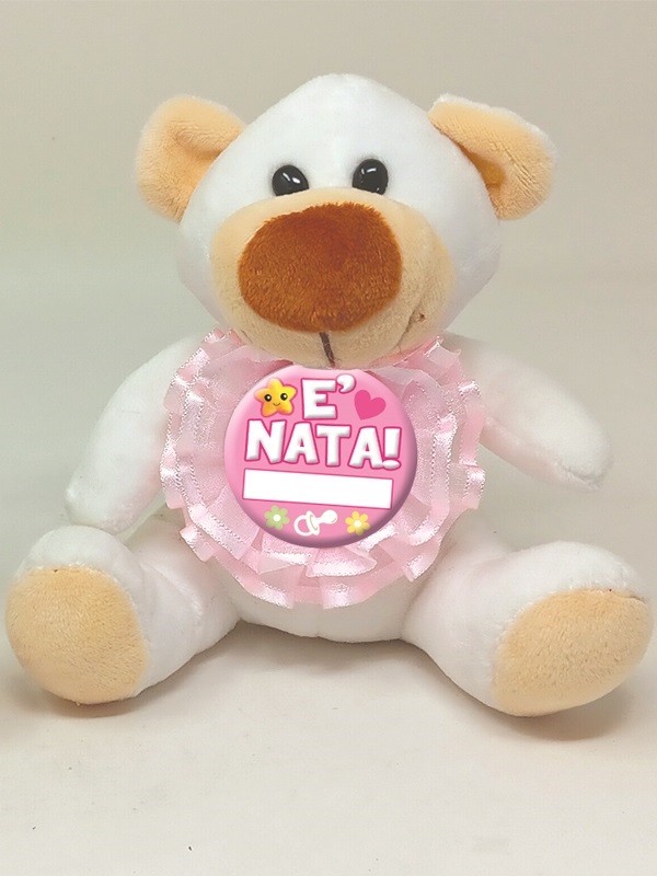 ORSO BIANCO 15 cm CON COCCARDINA ROSA IN PIZZO E TULLE PERSONALIZZABILE ø 8 cm