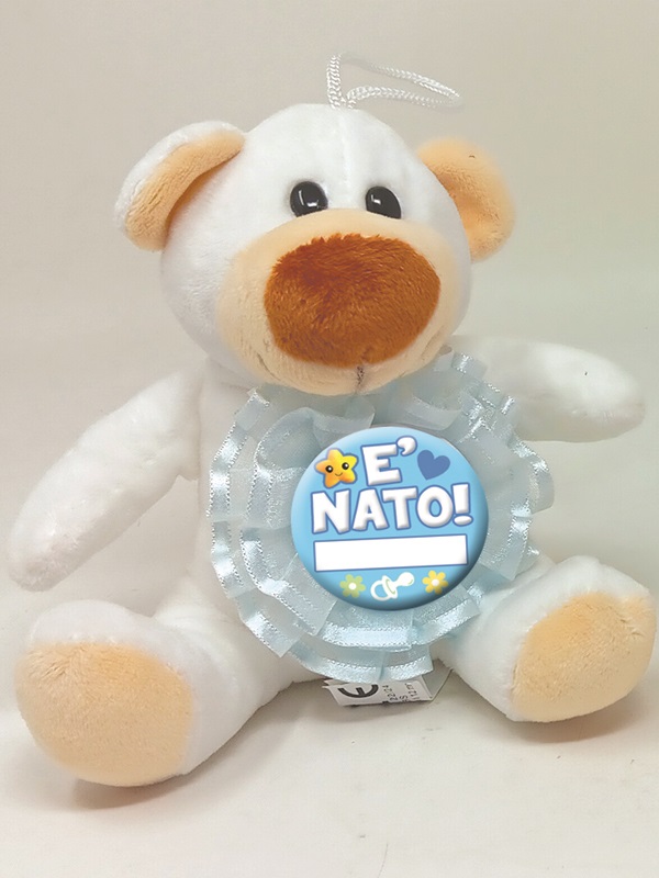 ORSO BIANCO 15 cm CON COCCARDINA AZZURRO IN PIZZO E TULLE PERSONALIZZABILE ø 8 cm