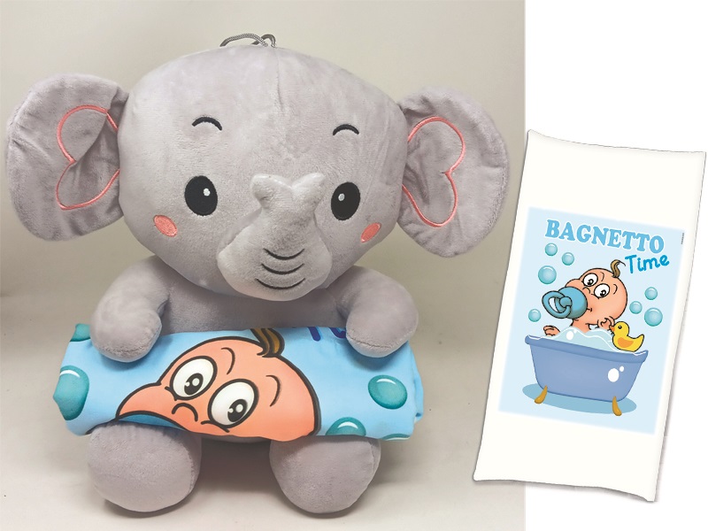 ELEFANTINO cm 30 CON SALVIETTA AZZURRA IN MICROFIBRA cm 50x100