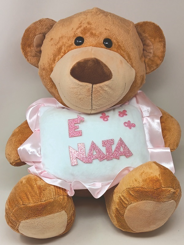 ORSACCHIOTTO 40 cm CON CUSCINETTO ROSA IN MORBIDO TESSUTO, RASO E GLITTER