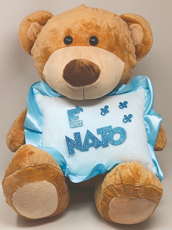 ORSACCHIOTTO 40 cm CON CUSCINETTO AZZURRO IN MORBIDO TESSUTO, RASO E GLITTER