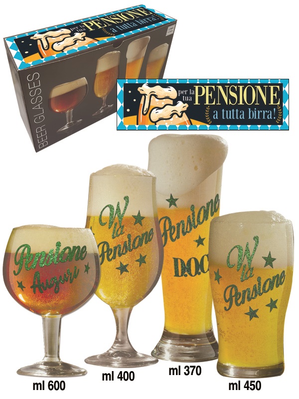SET 4 BICCHIERI PENSIONE DEGUSTAZIONE BIRRA CON SCRITTE BRILLANTINATE