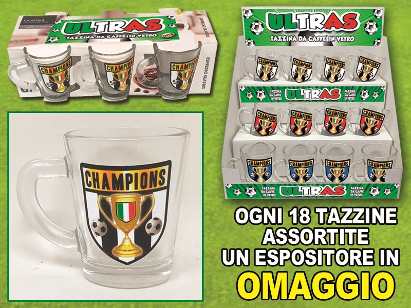 TAZZINA DA CAFFE' IN VETRO BIANCO E NERO. . . ORDINE MINIMO 6 PZ.. . . ESPOSITORE IN OMAGGIO OGNI 18 PZ ASSORTITI NELLE 3 SQUADRE